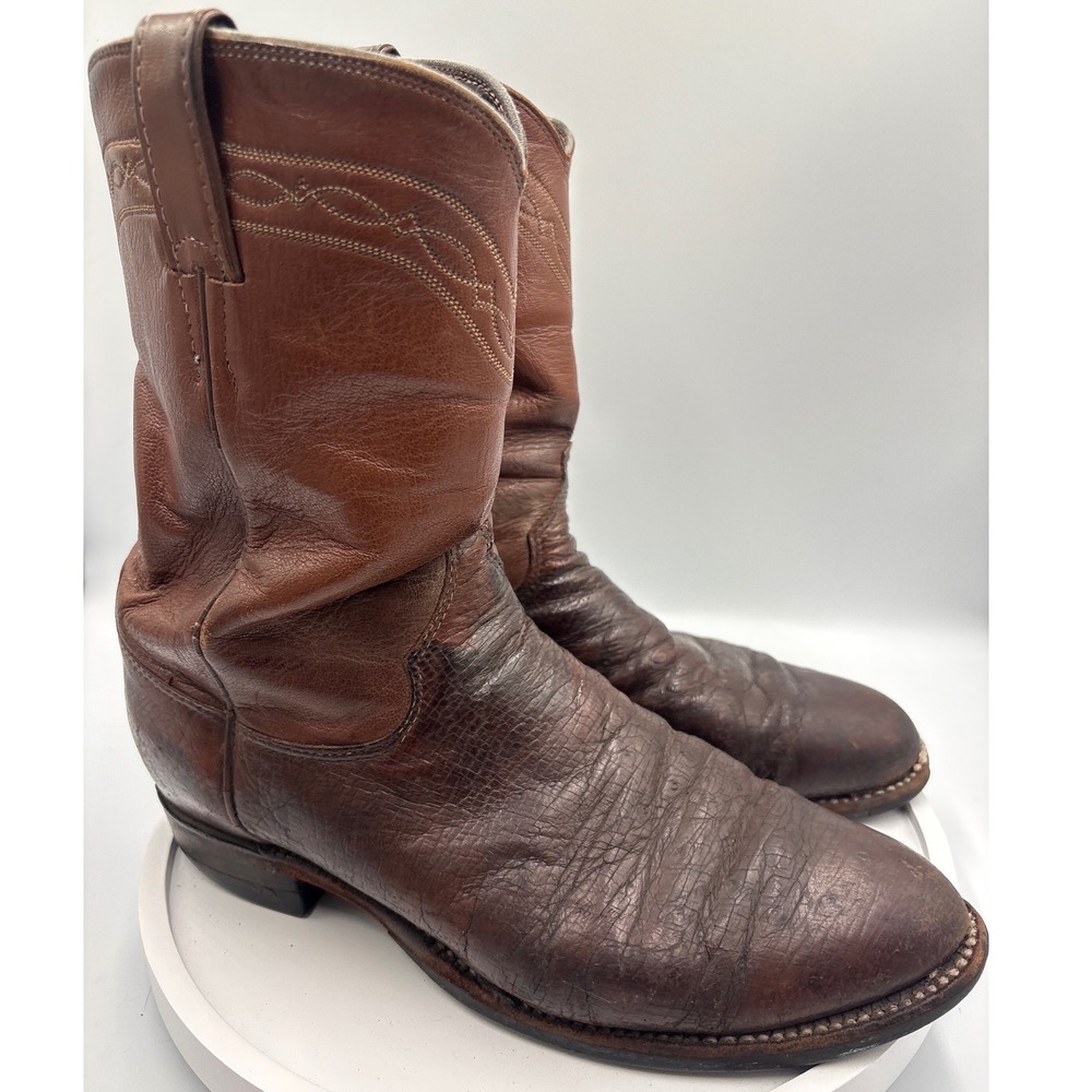 Justin Western Cowboy Boots 8.5D Brown Rustic Leather Stitched Pull On 3033